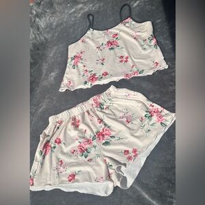 Floral Cream and Pink Two-Piece Pajamas  Short and Camisole Tank Top Lounge Set